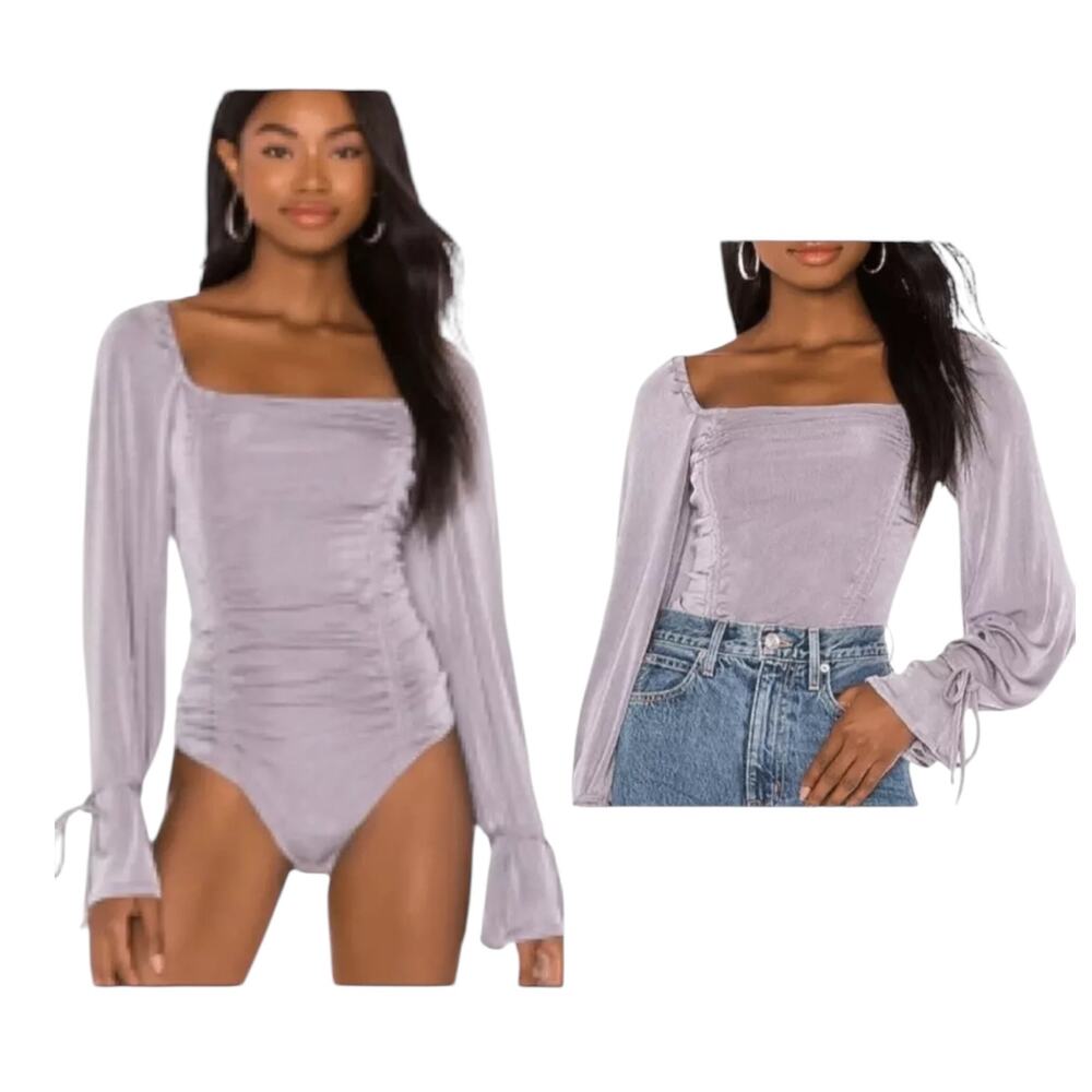 Free People Intimately Meant to‎ Be Ruched Square Neck Bodysuit Silver Mauve XS
